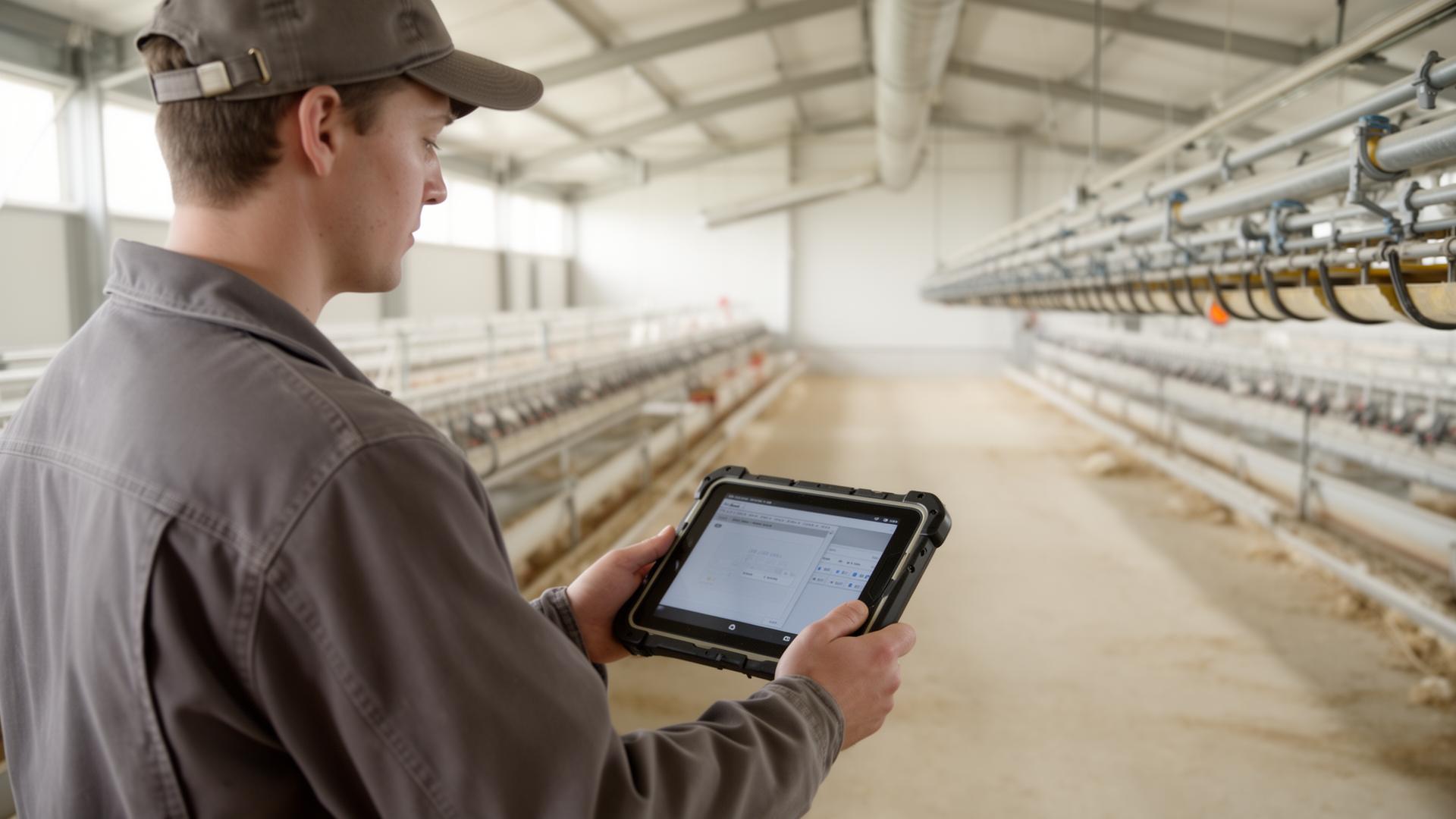 Farm operator reviewing equipment status on a rugged tablet inside a poultry house