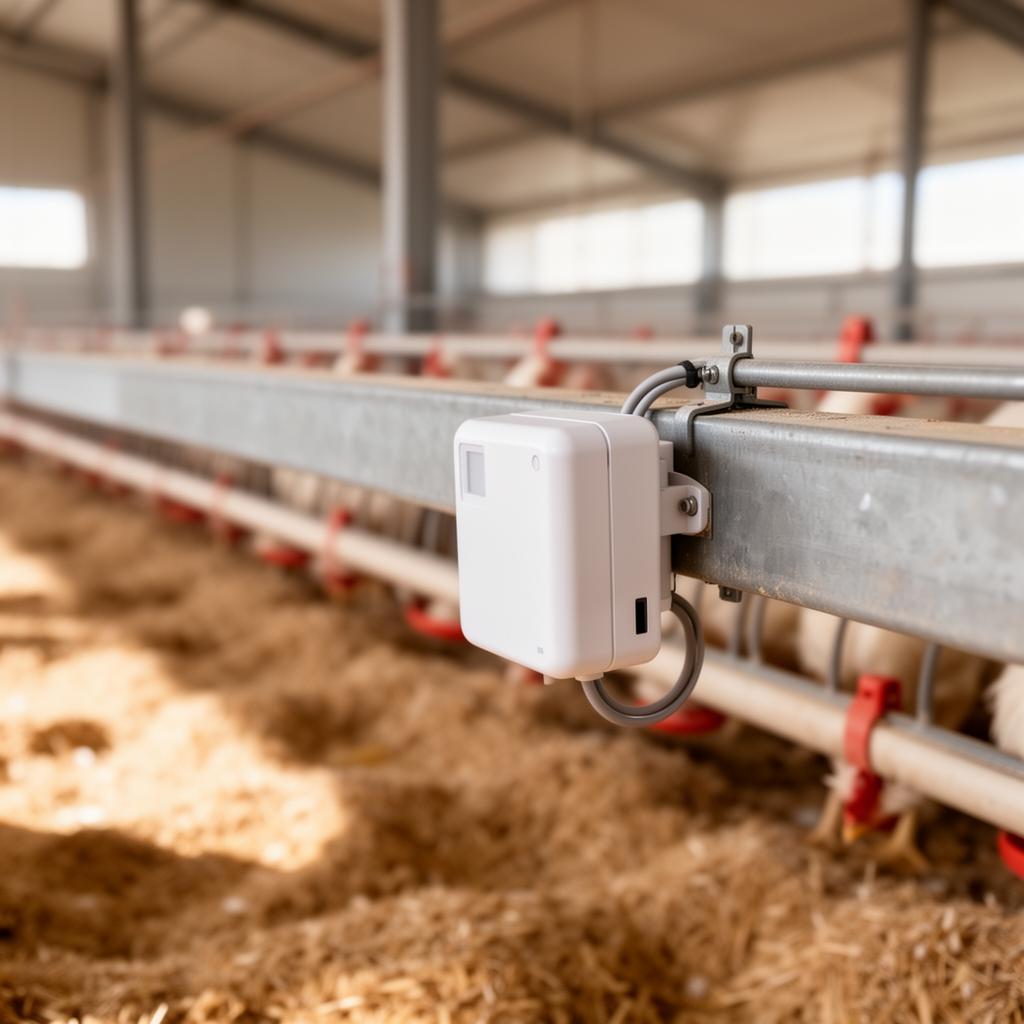 Close-up of an environmental sensor mounted on a feeding line inside a poultry house